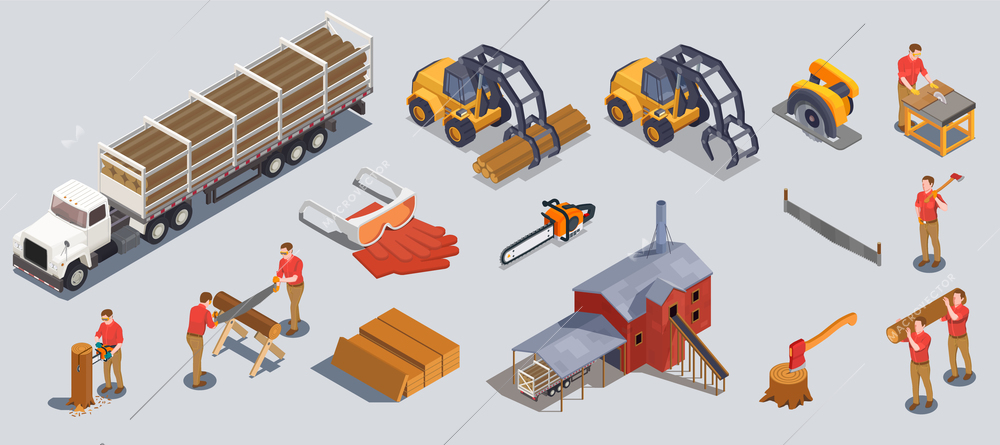 Set with isolated sawmill timber mill lumberjack isometric icons of wood tools vehicles and human characters vector illustration