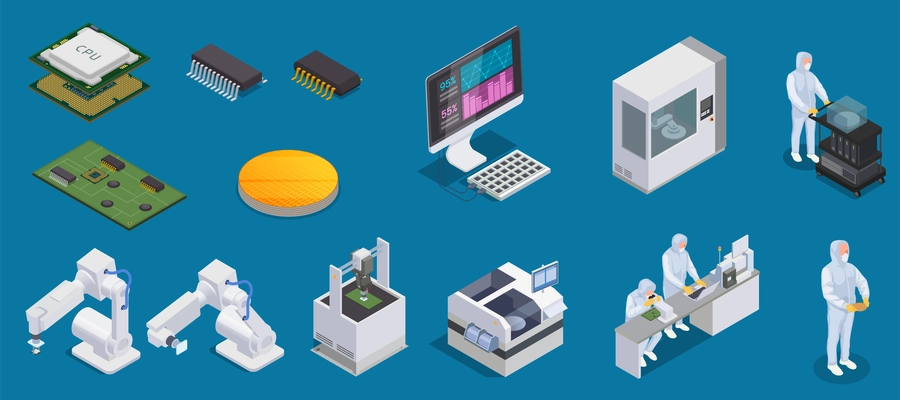 Semiconductor chip production isometric set with isolated icons of microprocessors production facilities and characters of workers vector illustation