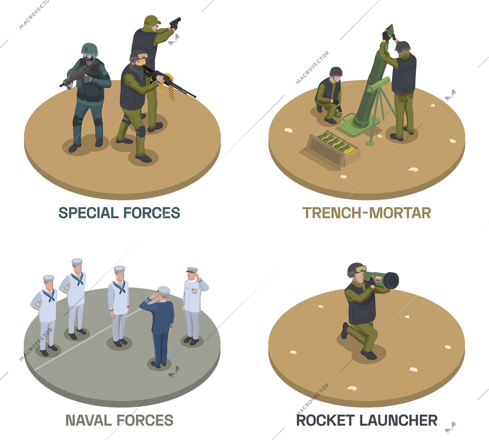 Army weapons soldier isometric compositions set with text and human characters of armed people with guns vector illustration