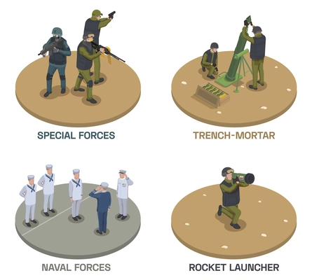 Army weapons soldier isometric compositions set with text and human characters of armed people with guns vector illustration