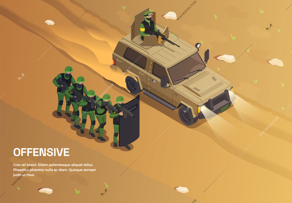 Army weapons soldier isometric background with editable text and outdoor composition with group of special forces vector illustration