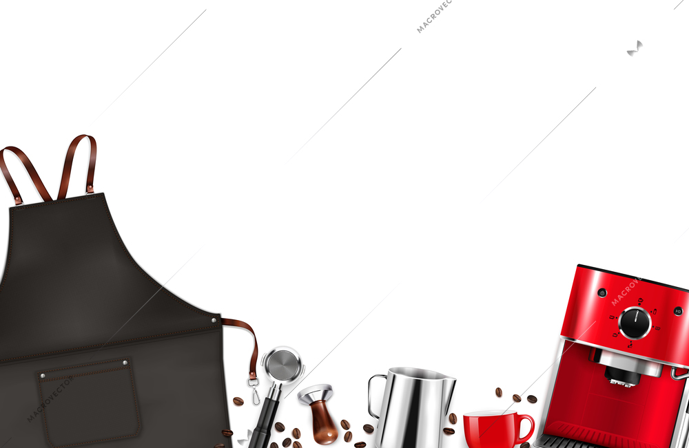 Barista equipment with apron coffee machine beans tamper pot on white background realistic vector illustration