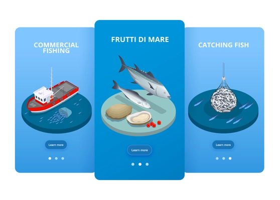 Set of three vertical fish industry seafood production isometric banners with clickable buttons text and images vector illustration