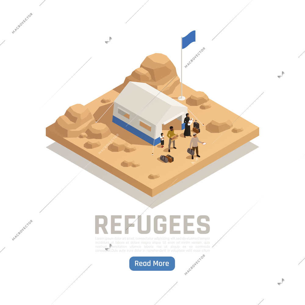 Stateless refugees asylum isometric poster with tent of reception camp and human characters vector illustration