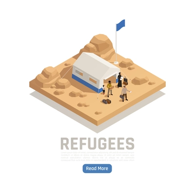 Stateless refugees asylum isometric poster with tent of reception camp and human characters vector illustration