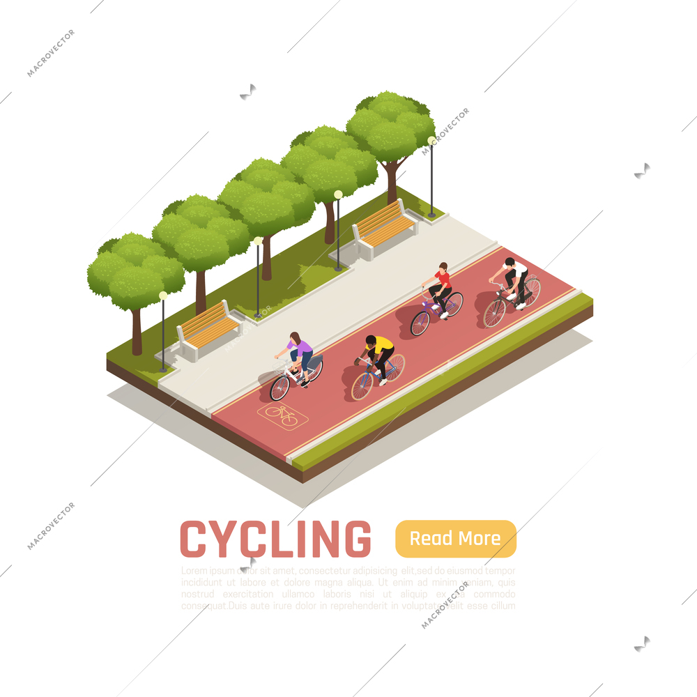 Cycling isometric composition with people riding bicycles on bike path in city park vector illustration