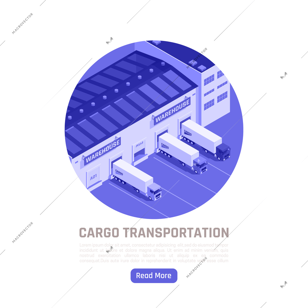 Cargo transportation isometric round background with trucks leaving warehouse for delivery goods vector illustration