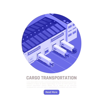 Cargo transportation isometric round background with trucks leaving warehouse for delivery goods vector illustration