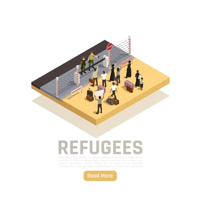 Refugees isometric composition with  immigrants and policemen standing on different sides of state border vector illustration