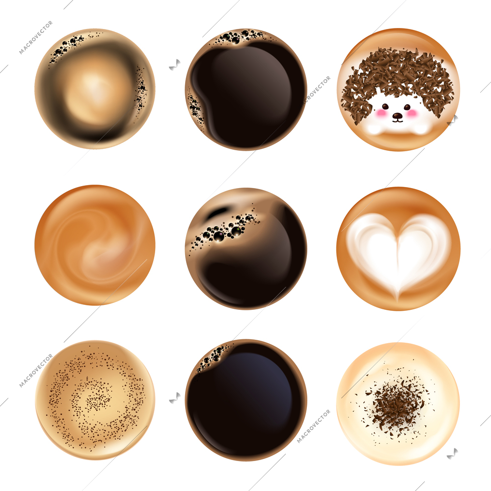 Black coffee and latte with foam art realistic isolated set isolated on white background vector illustration