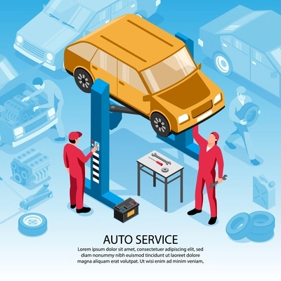 Isometric auto repair square background with editable text and composition of car images and human characters vector illustration