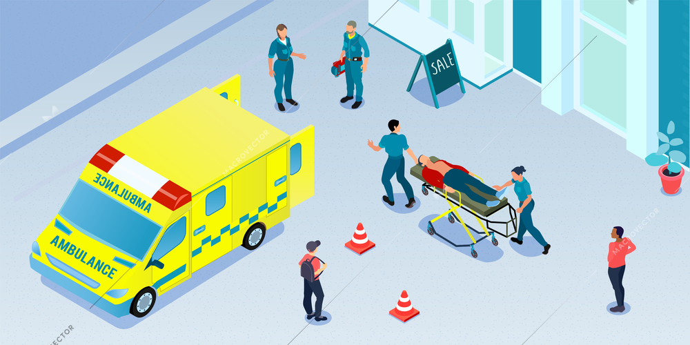 Doctors giving first aid and carrying injured person to ambulance car 3d isometric vector illustration