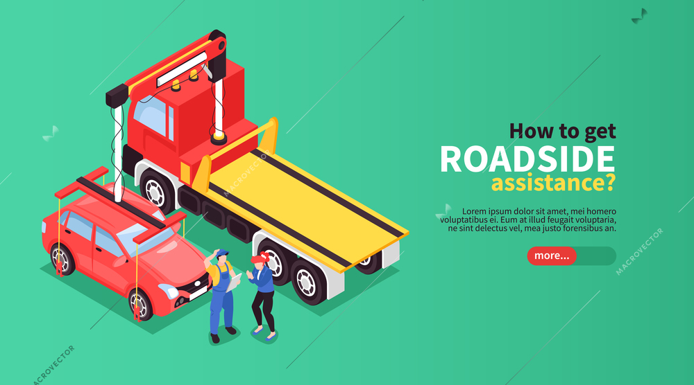 Isometric tow truck horizontal banner with slider button editable text and images of people near cars vector illustration