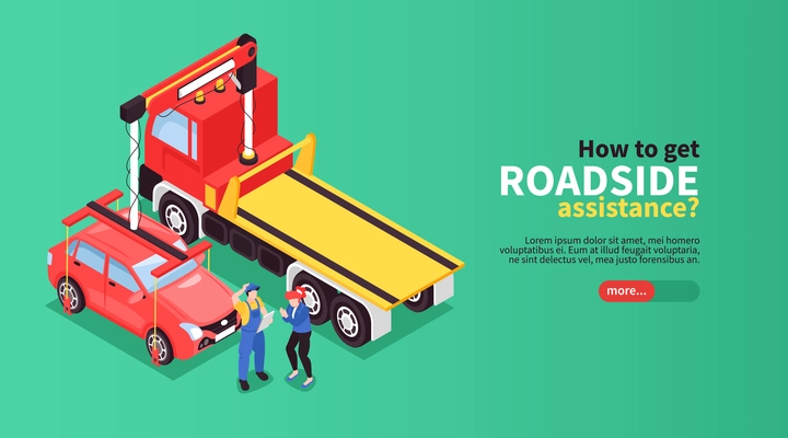 Isometric tow truck horizontal banner with slider button editable text and images of people near cars vector illustration