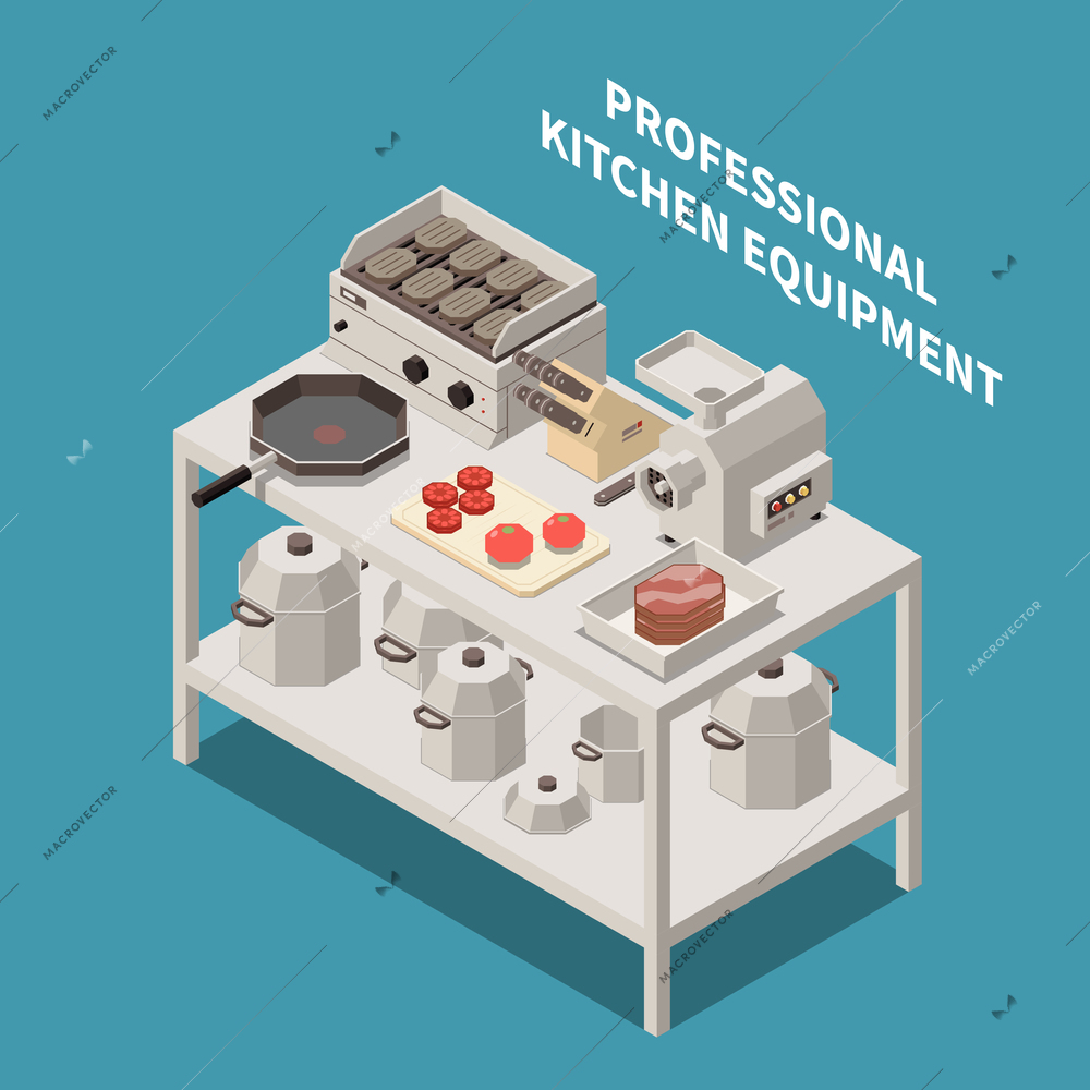 Professional kitchen equipment appliances isometric composition with industrial meat mincer chef knives electric grill pans vector illustration