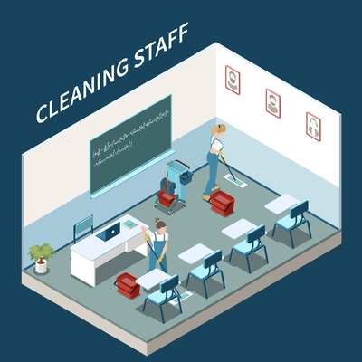 Professional service team keeping college study rooms and campus clean isometric composition with mopping floors vector illustration