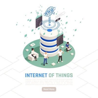 Internet of things design concept with small human characters using gadgets around of data storage large icon isometric vector illustration