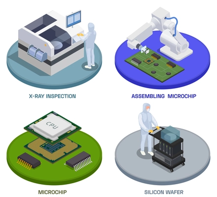 Semiconductor chip production isometric set of four round compositions with text and workers operating assembling stages vector illustration