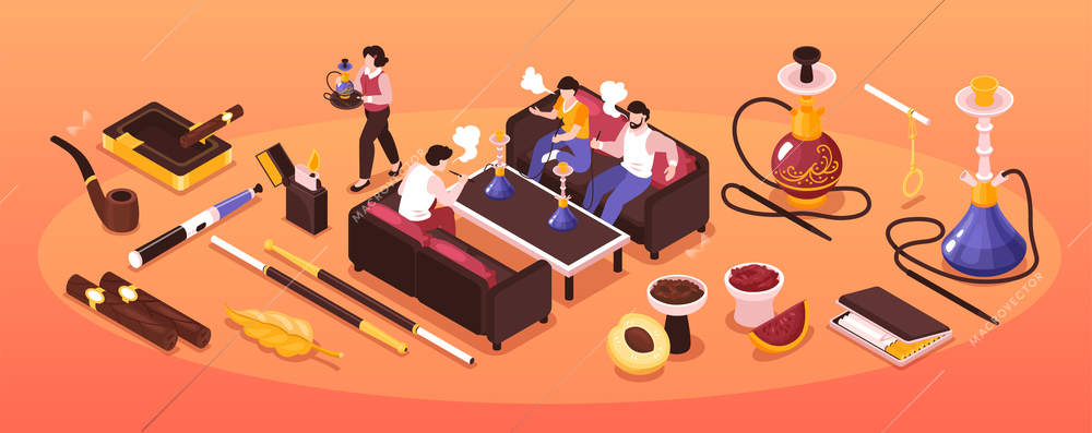 Isometric hookah tobacco smoke narrow composition with group of people smoking shisha and cigarette products icons vector illustration