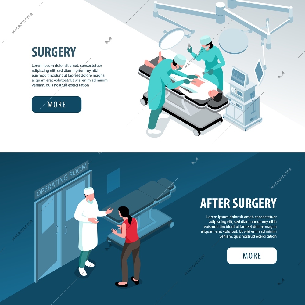 Isometric surgeon doctor horizontal banners collection with images of consultation surgical operation text and clickable buttons vector illustration