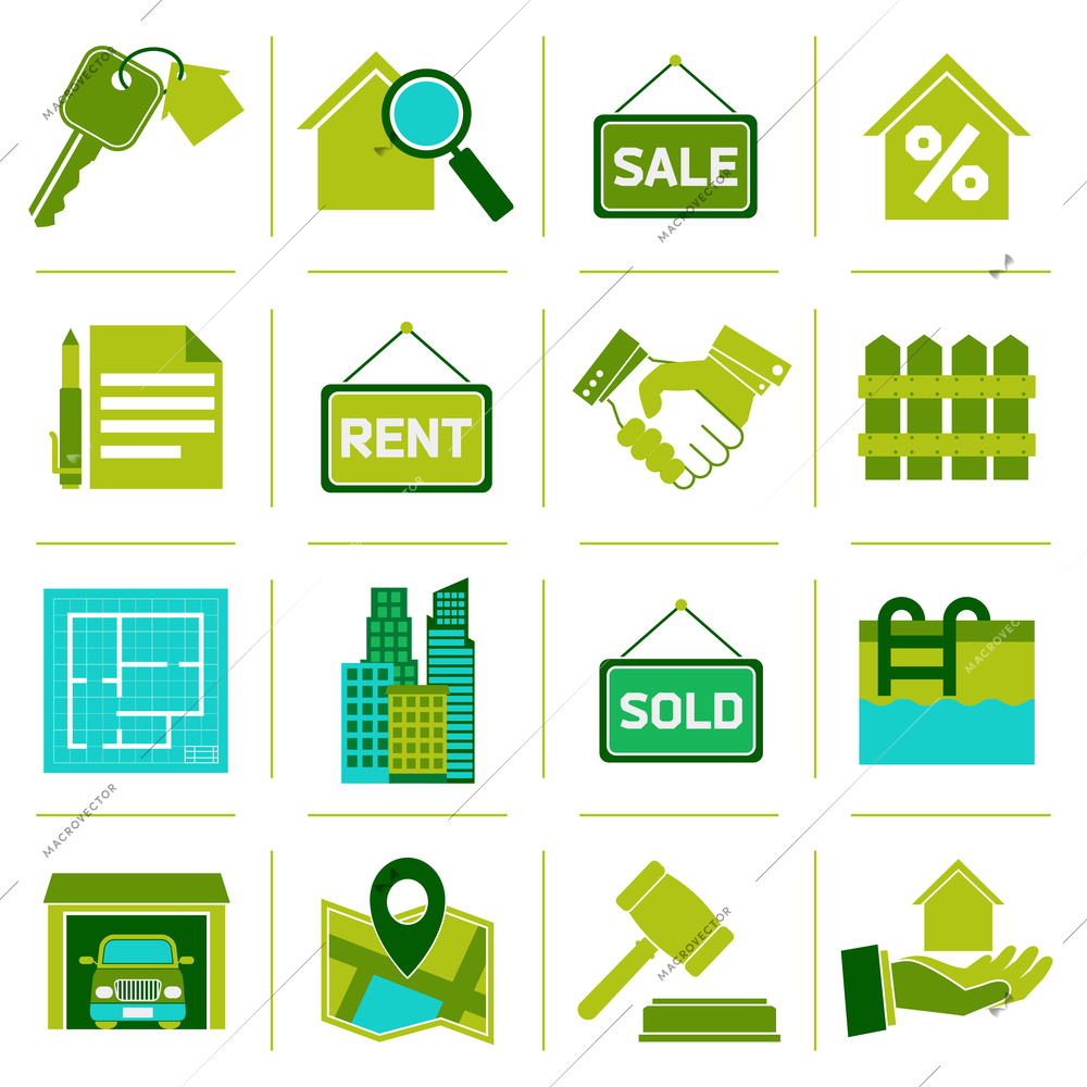 Real estate green icons set of property rent commercial management isolated vector illustration