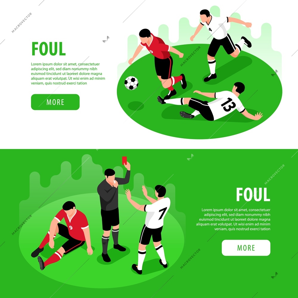 Isometric football soccer horizontal banners set with images of foul situation editable text and clickable button vector illustration