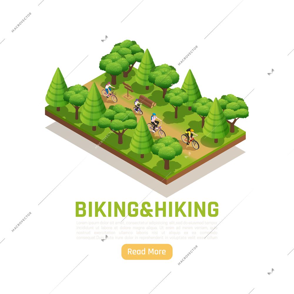 Biking and hiking isometric nature landscape  with family on country walk in forest vector illustration