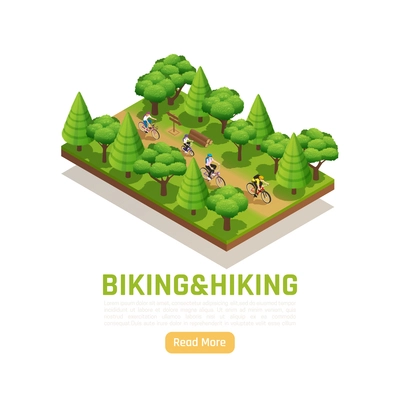 Biking and hiking isometric nature landscape  with family on country walk in forest vector illustration