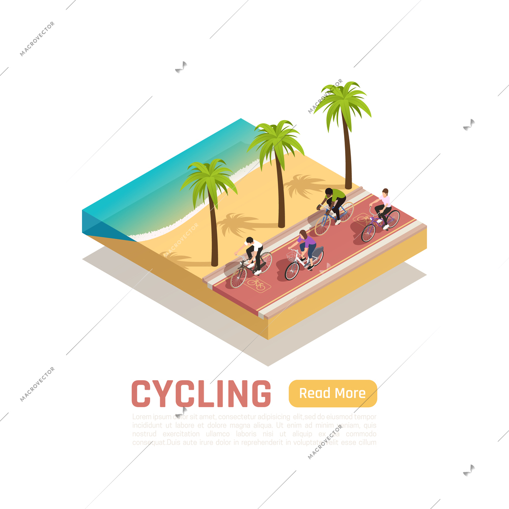 Cycling isometric summer background with people riding bicycles along south sea shore vector illustration