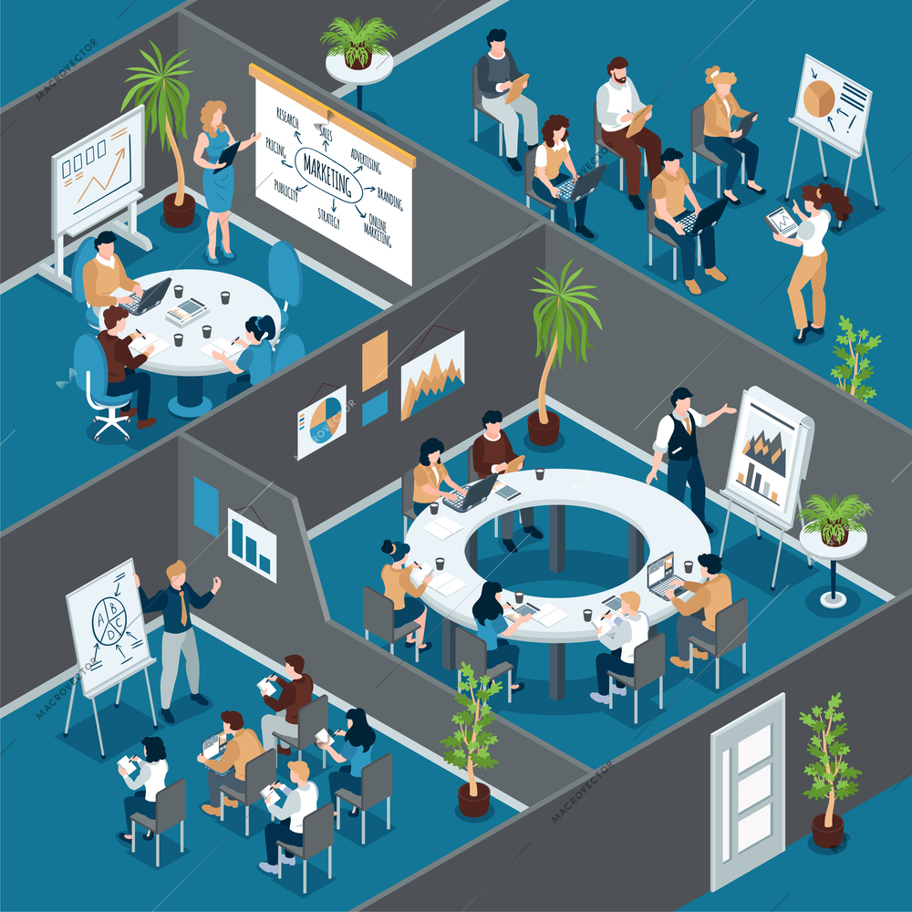 Isometric business training composition with indoor view of office rooms with groups of workers at tables vector illustration