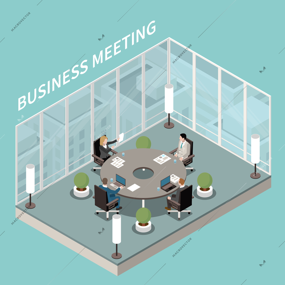 Company business office meeting room interior isometric composition with round boardroom table discussion glass walls vector illustration