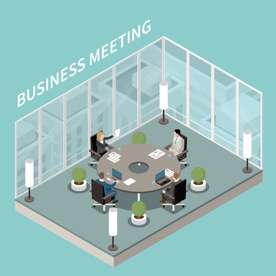 Company business office meeting room interior isometric composition with round boardroom table discussion glass walls vector illustration