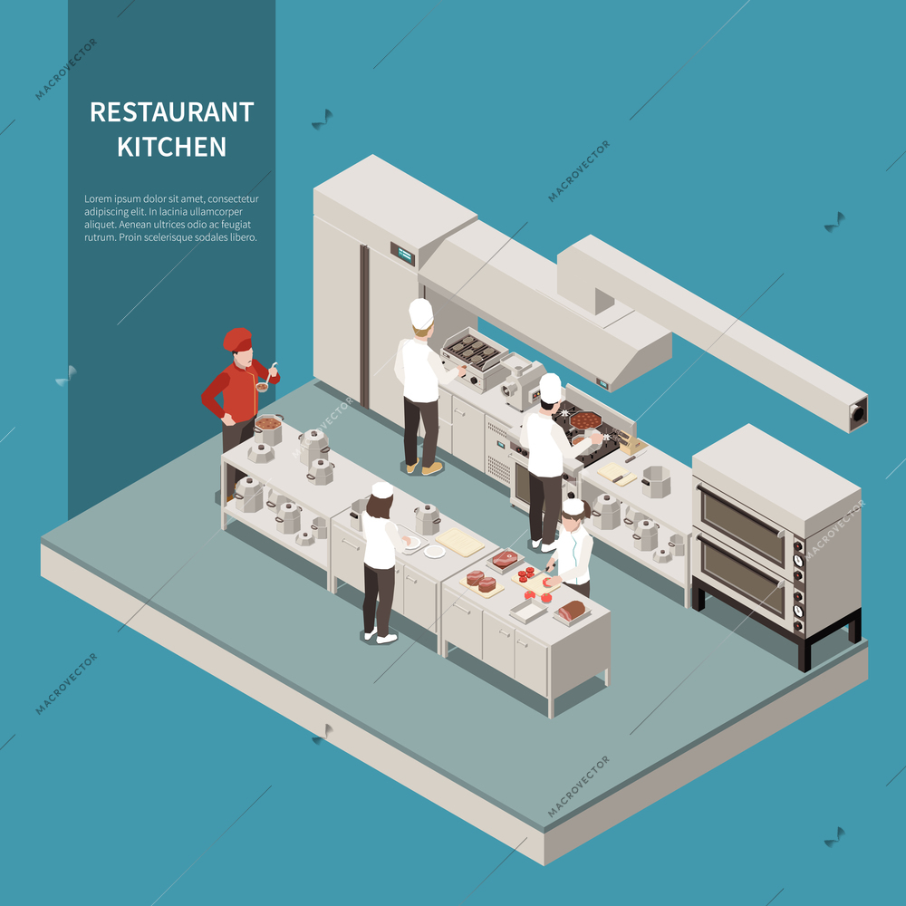 Restaurant professional kitchen isometric composition with industrial range electric grill oven refrigerator food cooking staff vector illustration