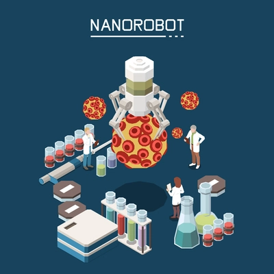 Nanotechnology research lab with bio structures integrating synthetic nanostructures as medical nanorobotics engine isometric composition vector illustration