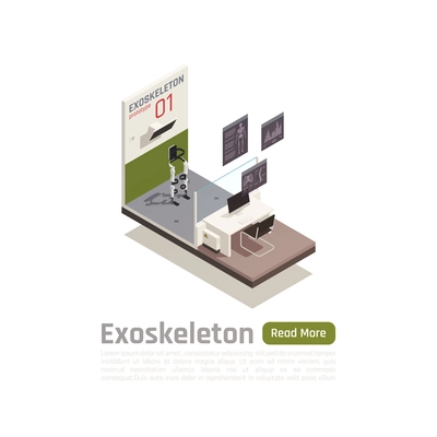 Medical exoskeleton isometric composition with test prototype representing in science laboratory vector illustration