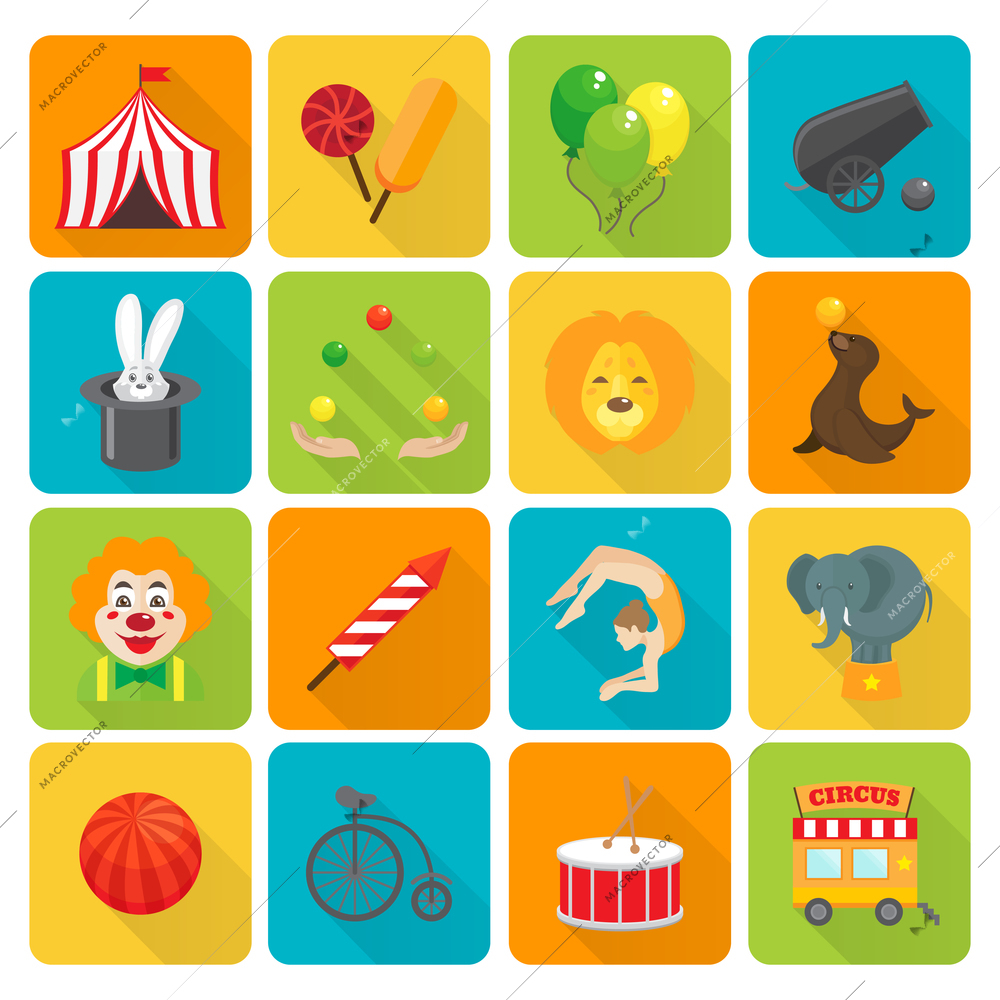 Funny smiling circus clown juggling with balls and magic hat rabbit focus flat isolated vector illustration