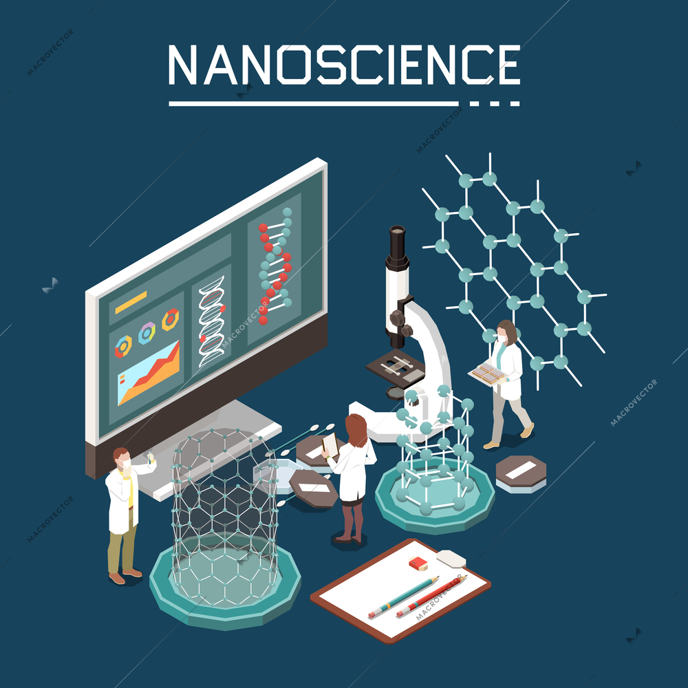 Nano science research innovation nanotechnology composition with organic electronics nano-structure computer monitor isometric images vector illustration