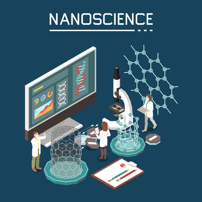 Nano science research innovation nanotechnology composition with organic electronics nano-structure computer monitor isometric images vector illustration