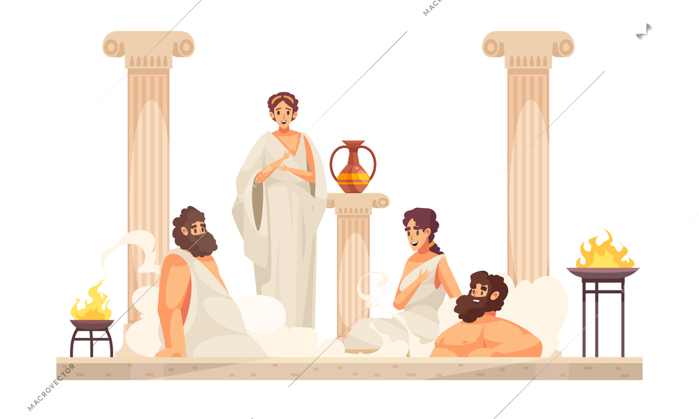 Ancient rome people wearing white tunics sitting in thermal bath cartoon vector illustration