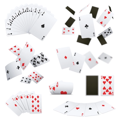 Poker club game player cards sets deck spread 4 aces royal flush hand realistic collection vector illustration