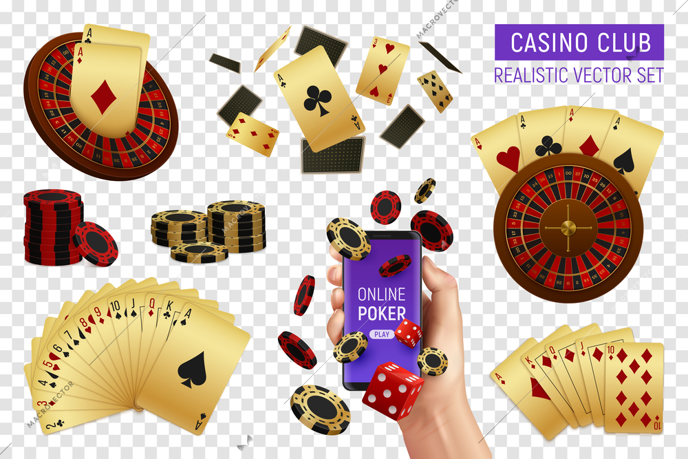 Online casino club realistic poker accessories set with chips cards deck player hand transparent background vector illustration