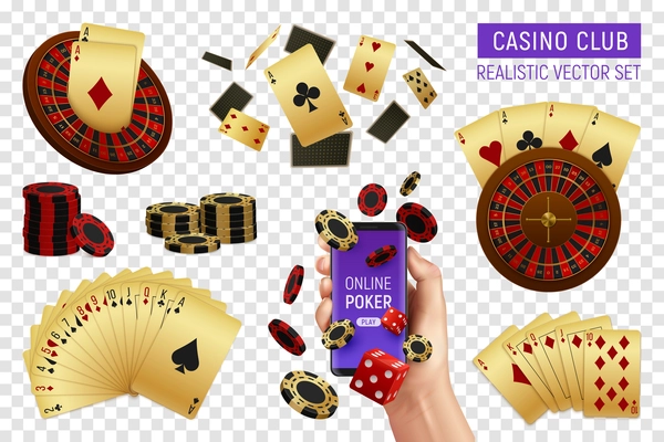 Online casino club realistic poker accessories set with chips cards deck player hand transparent background vector illustration