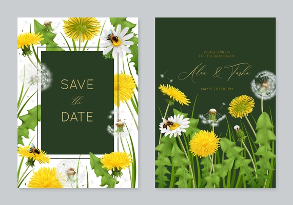 Realistic dandelions vertical posters set with ornate text frames and images of natural flowers with leaves vector illustration