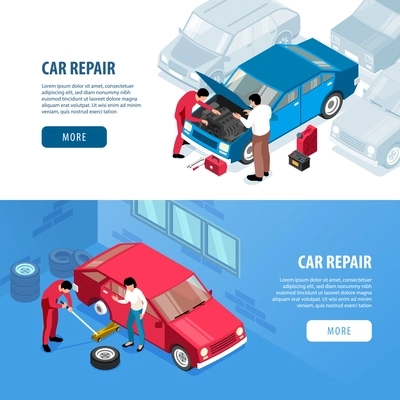 Isometric auto repair horizontal banners set with editable text more button car parts and working people vector illustration