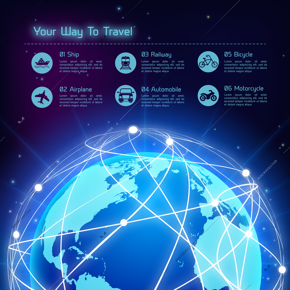 Network globe blue sphere earth map travel background with transport icons vector illustration