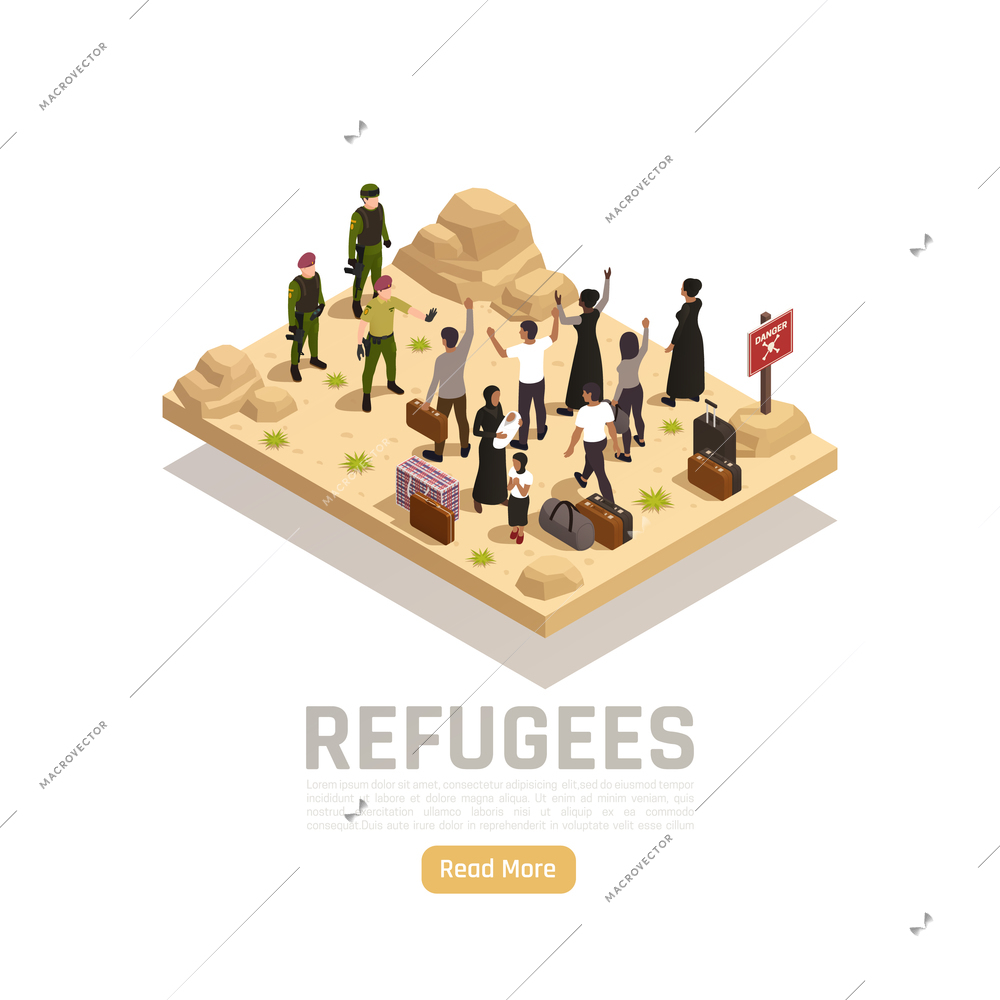 Refugees isometric vector illustration with militaries meeting group of people escaped from war and needing help