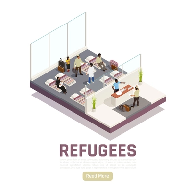 Refugees stateless people asylum seekers center interior isometric composition with reception and housing unit vector illustration