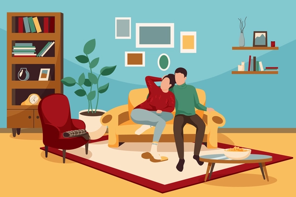 Cozy winter flat composition with domestic scenery of living room with furniture and couple of lovers vector illustration