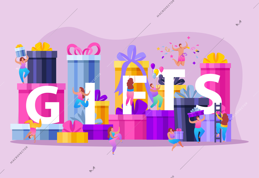 People with gifts flat composition with human characters dancing around letters and colourful boxes with presents vector illustration