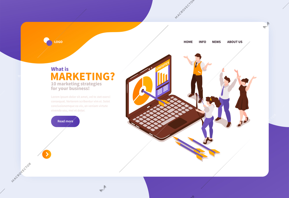 Isometric marketing strategy concept banner background for website landing page with images and clickable links buttons vector illustration